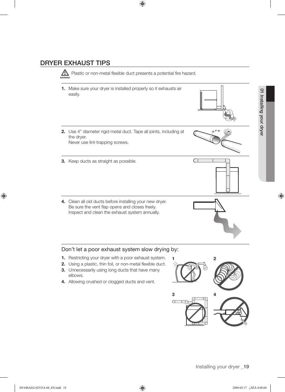 Dryer exhaust tips | Samsung DV438AGR User Manual | Page 19 / 76