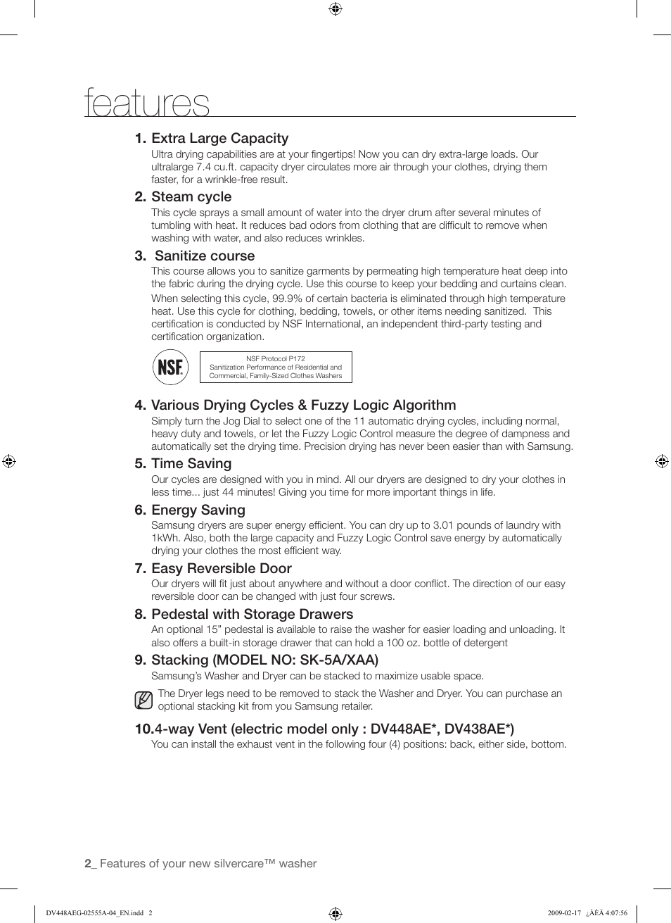 Features | Samsung DV438AGR User Manual | Page 2 / 76