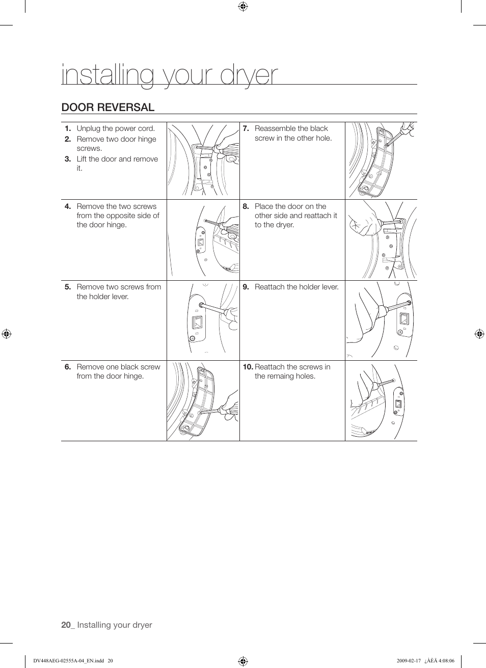 Installing your dryer, Door reversal | Samsung DV438AGR User Manual | Page 20 / 76