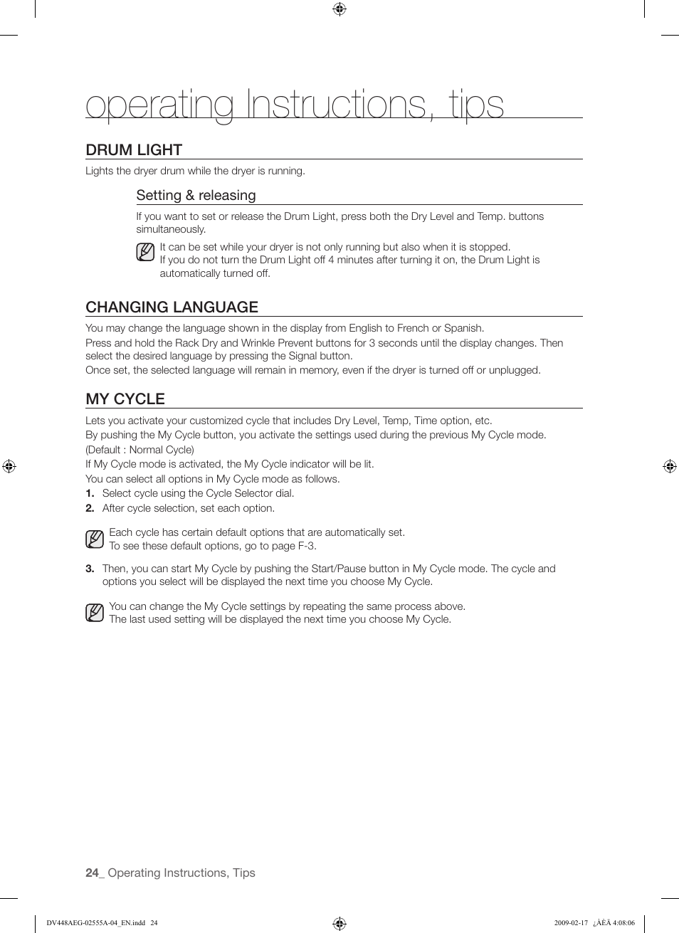 Operating instructions, tips | Samsung DV438AGR User Manual | Page 24 / 76