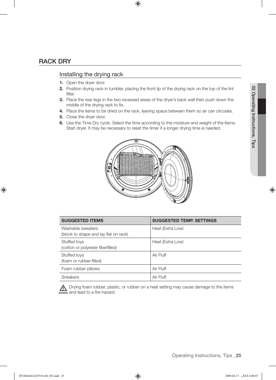 Rack dry, Installing the drying rack | Samsung DV438AGR User Manual | Page 25 / 76