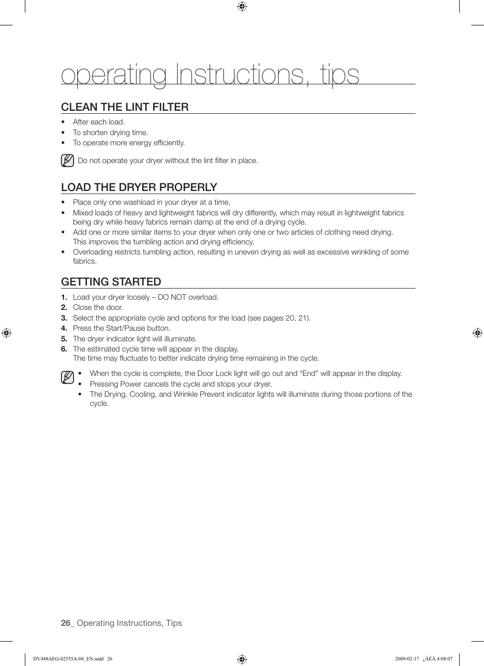 Operating instructions, tips, Clean the lint filter, Load the dryer properly | Getting started | Samsung DV438AGR User Manual | Page 26 / 76