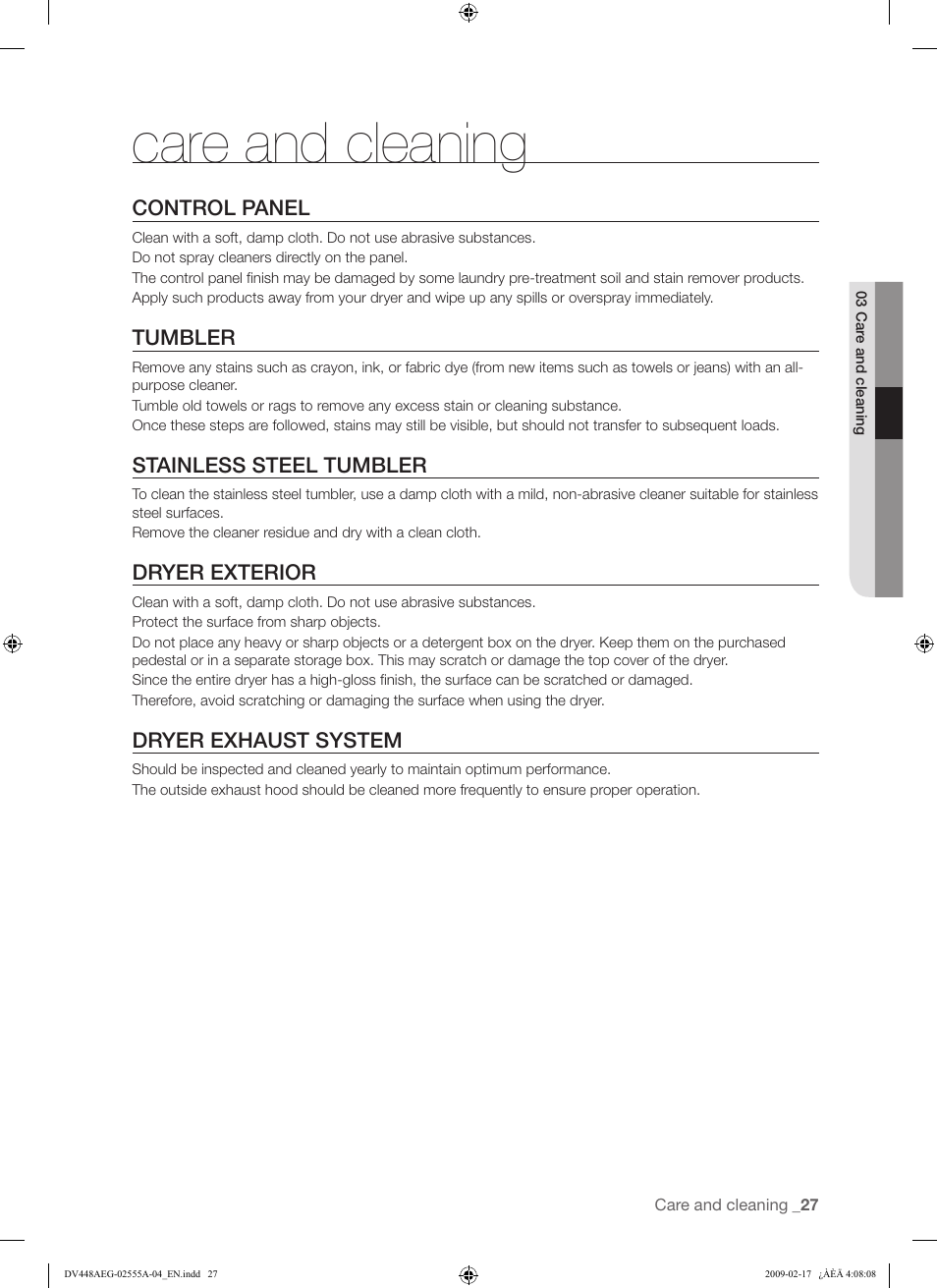 Care and cleaning | Samsung DV438AGR User Manual | Page 27 / 76