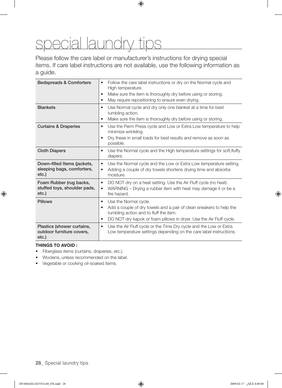 Special laundry tips | Samsung DV438AGR User Manual | Page 28 / 76