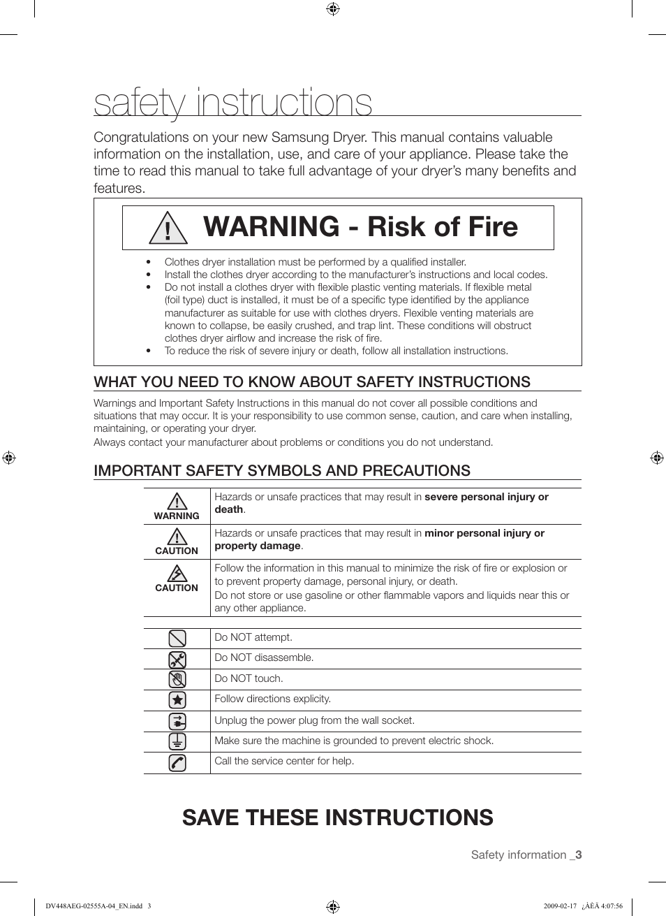 Safety instructions, Warning - risk of fire, Save these instructions | Samsung DV438AGR User Manual | Page 3 / 76