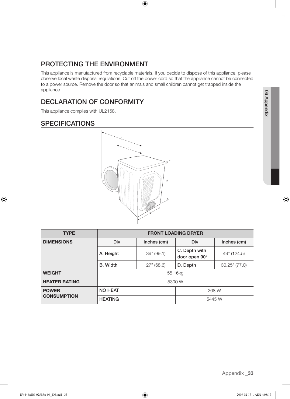 Protecting the environment, Declaration of conformity, Specifications | Samsung DV438AGR User Manual | Page 33 / 76
