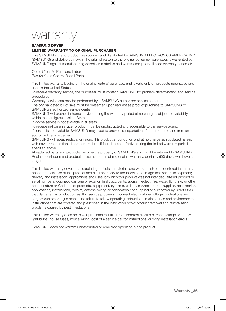 Warranty | Samsung DV438AGR User Manual | Page 35 / 76