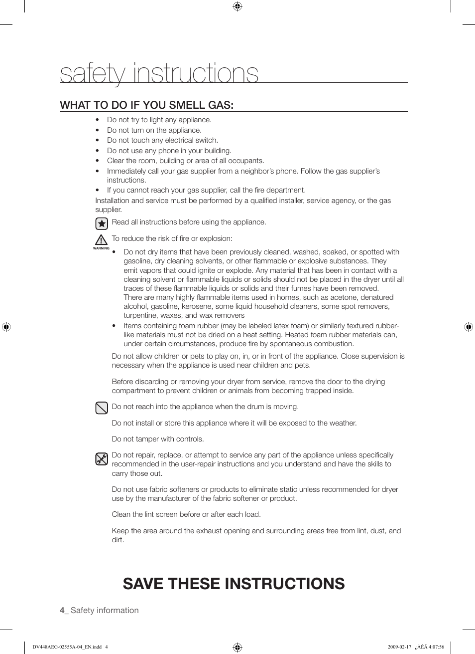 Safety instructions, Save these instructions, What to do if you smell gas | Samsung DV438AGR User Manual | Page 4 / 76