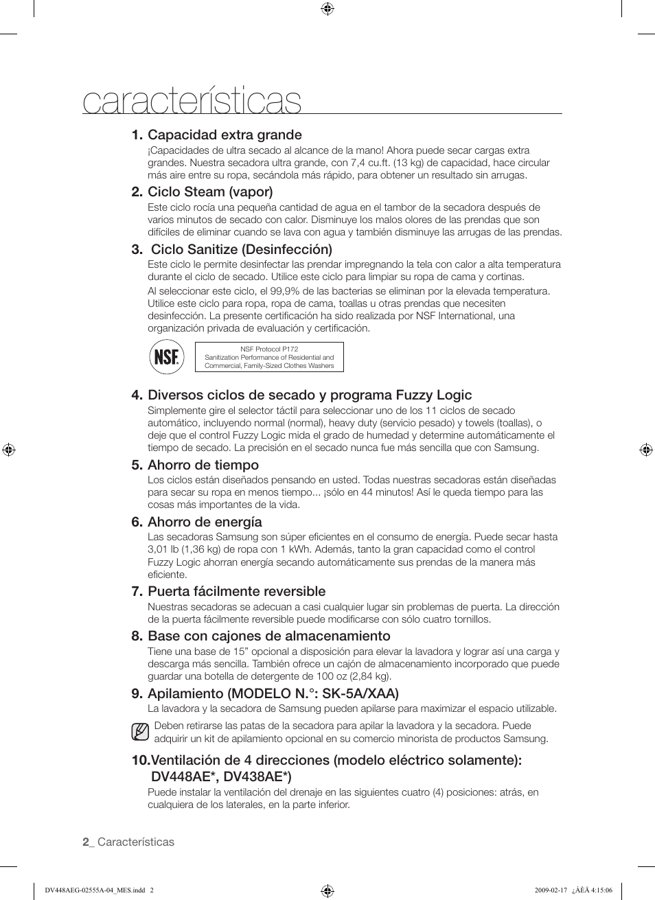 Características | Samsung DV438AGR User Manual | Page 40 / 76