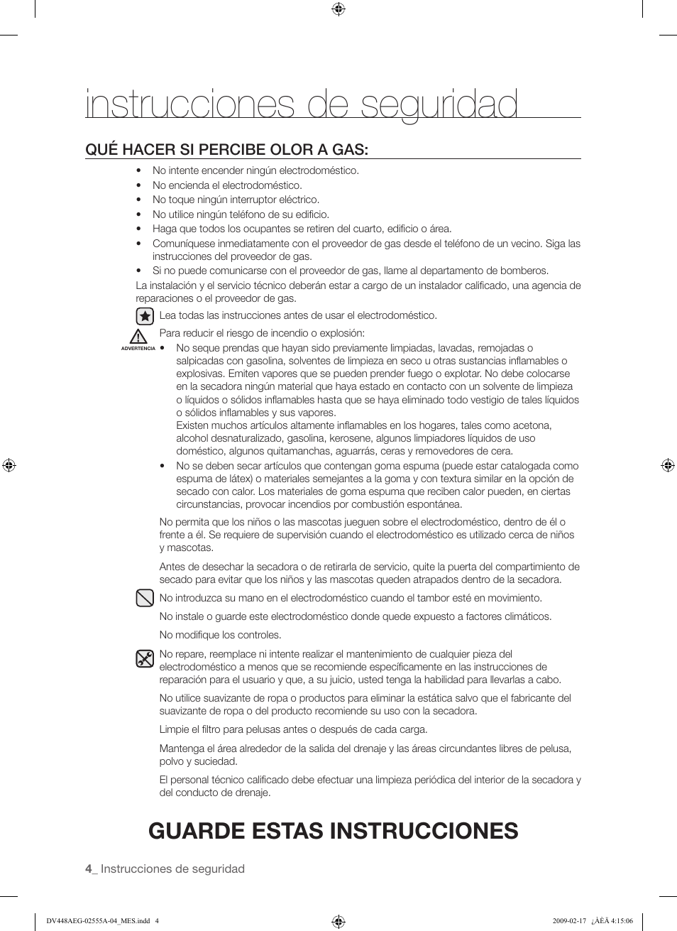 Instrucciones de seguridad, Guarde estas instrucciones | Samsung DV438AGR User Manual | Page 42 / 76