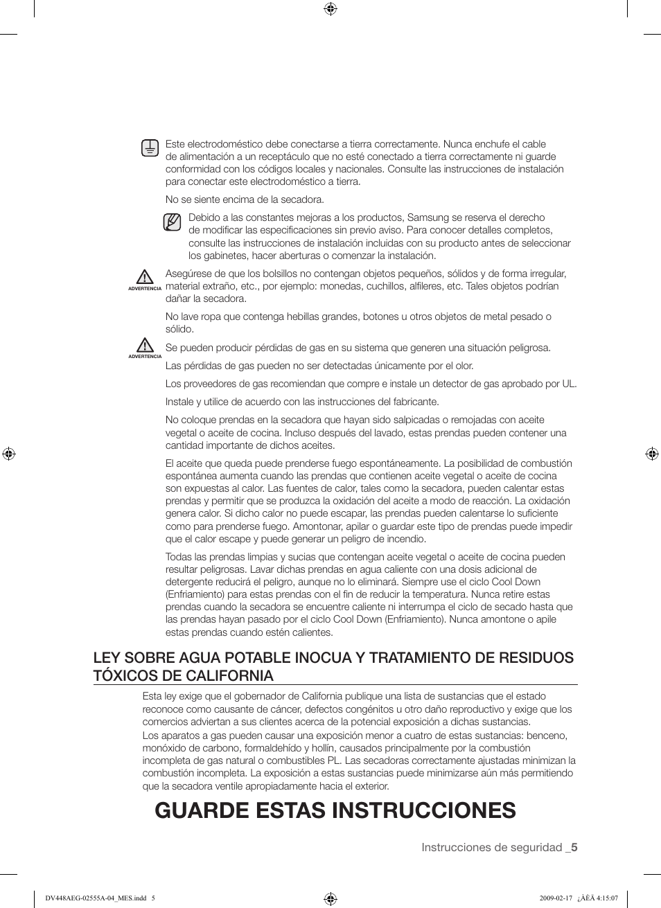 Guarde estas instrucciones | Samsung DV438AGR User Manual | Page 43 / 76