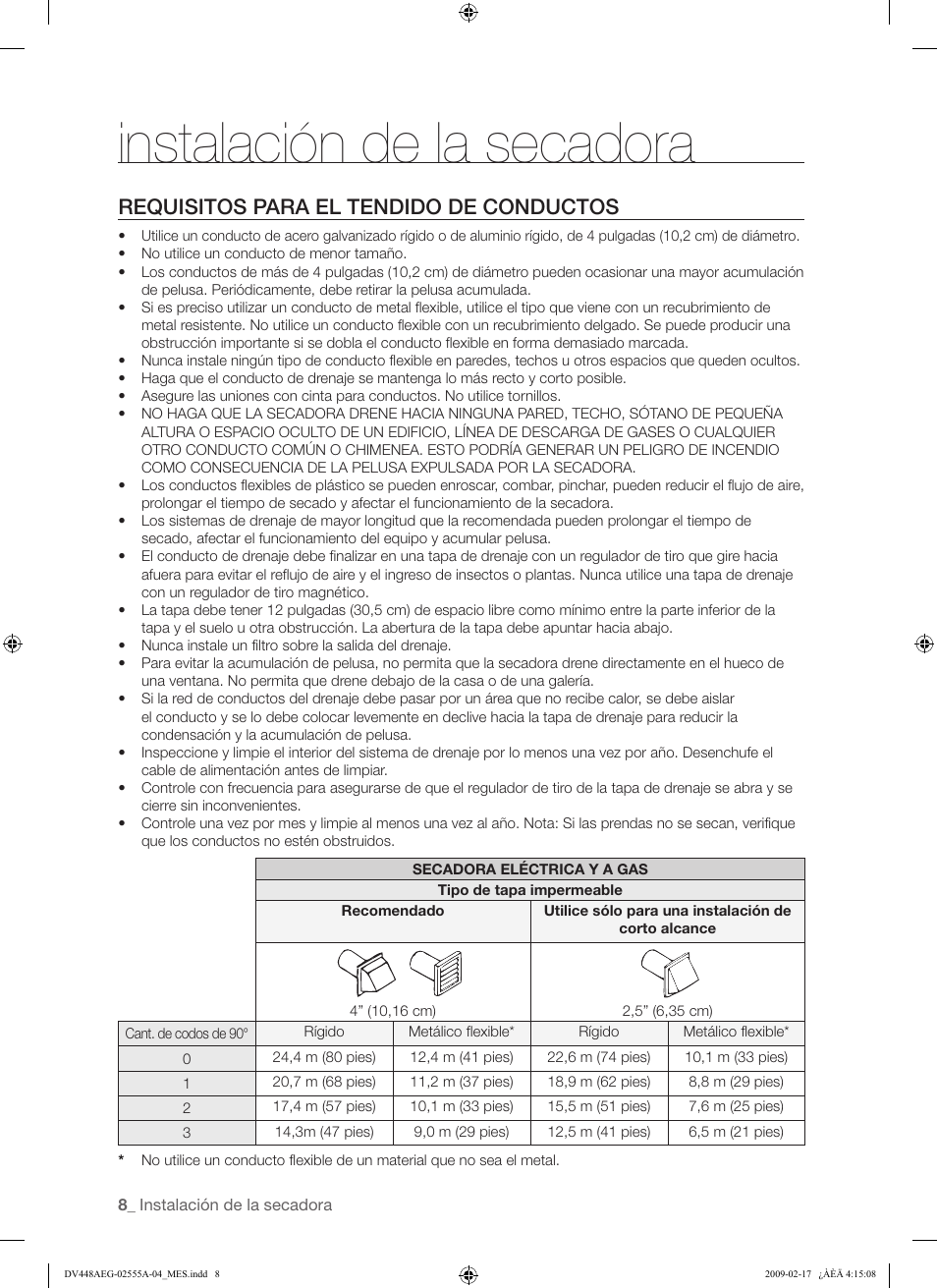 Instalación de la secadora, Requisitos para el tendido de conductos | Samsung DV438AGR User Manual | Page 46 / 76