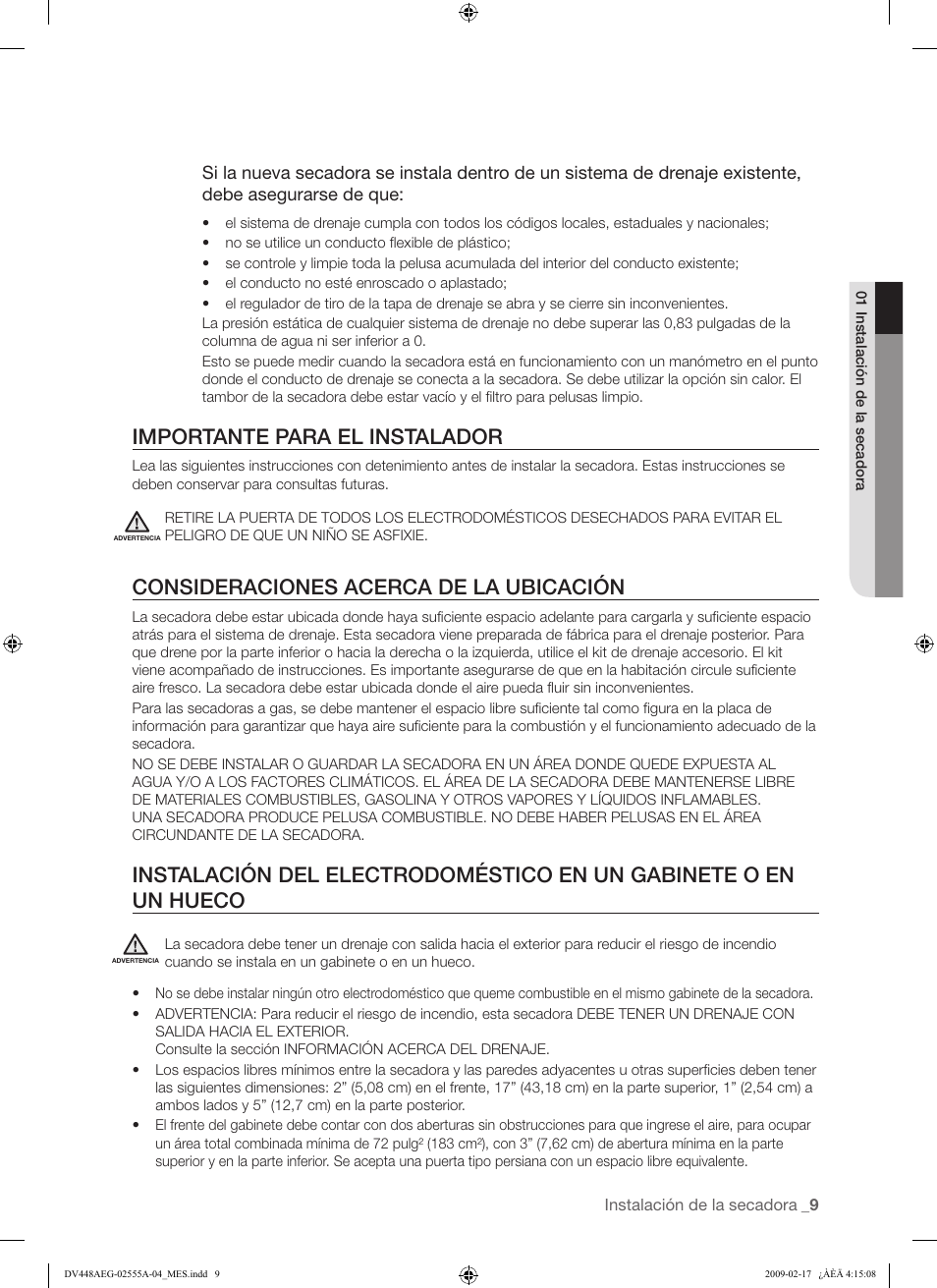 Importante para el instalador, Consideraciones acerca de la ubicación | Samsung DV438AGR User Manual | Page 47 / 76