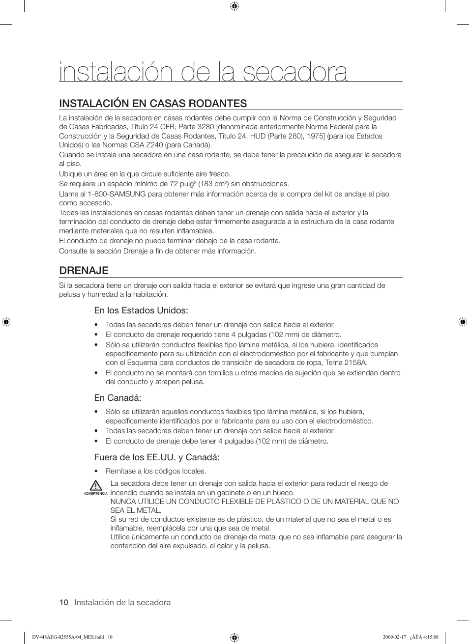Instalación de la secadora, Instalación en casas rodantes, Drenaje | Samsung DV438AGR User Manual | Page 48 / 76