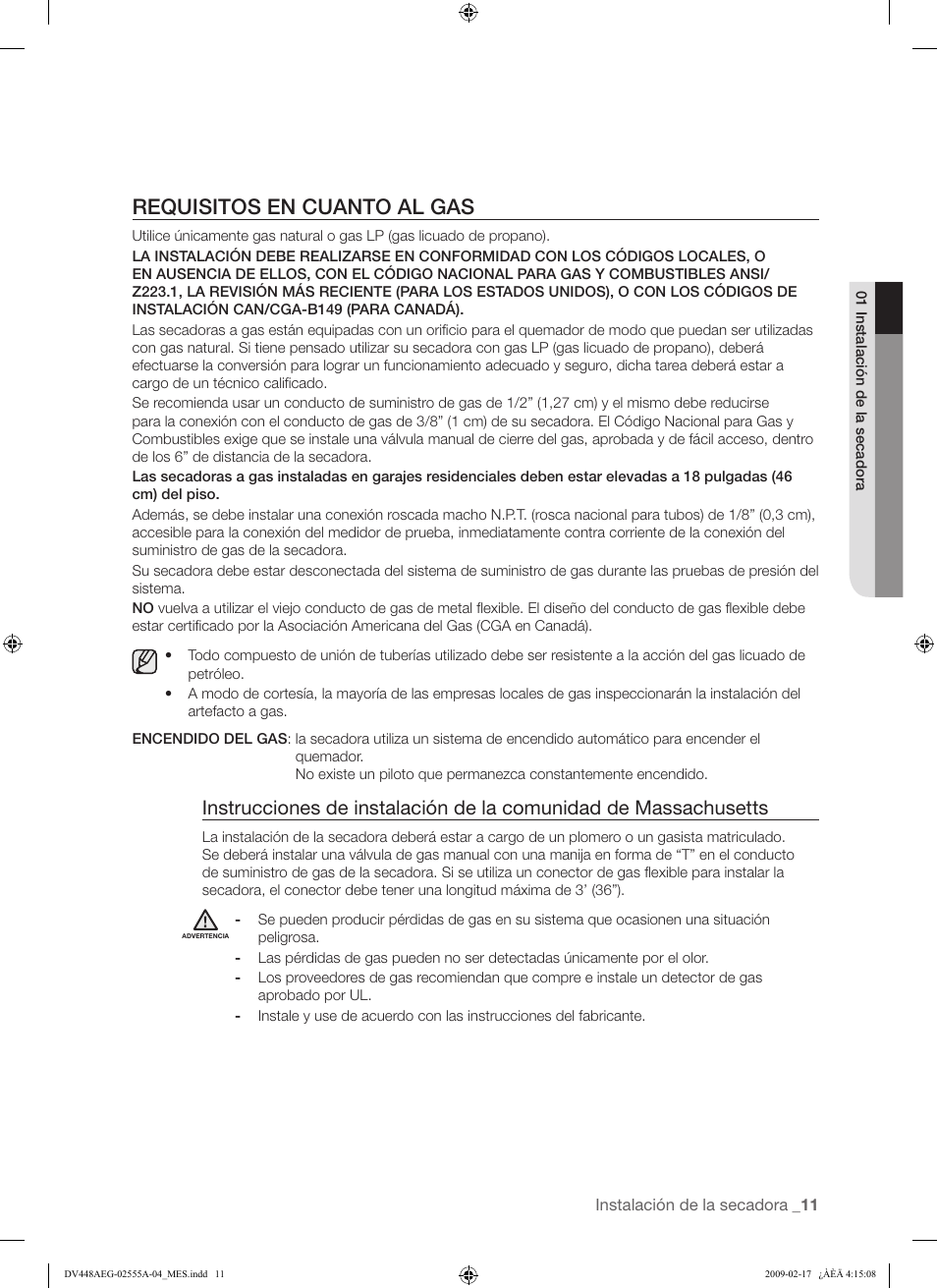 Requisitos en cuanto al gas | Samsung DV438AGR User Manual | Page 49 / 76