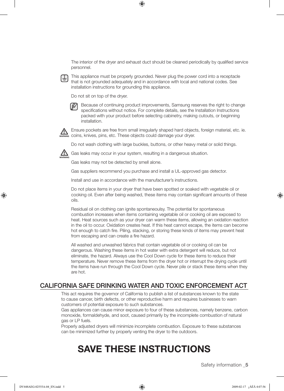 Save these instructions | Samsung DV438AGR User Manual | Page 5 / 76