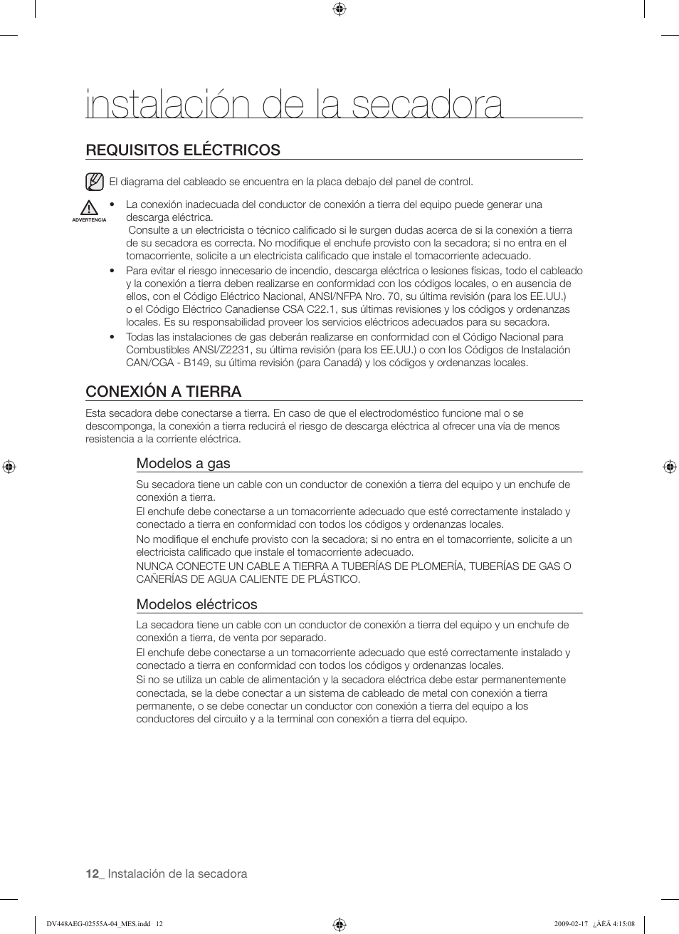 Instalación de la secadora, Requisitos eléctricos, Conexión a tierra | Samsung DV438AGR User Manual | Page 50 / 76
