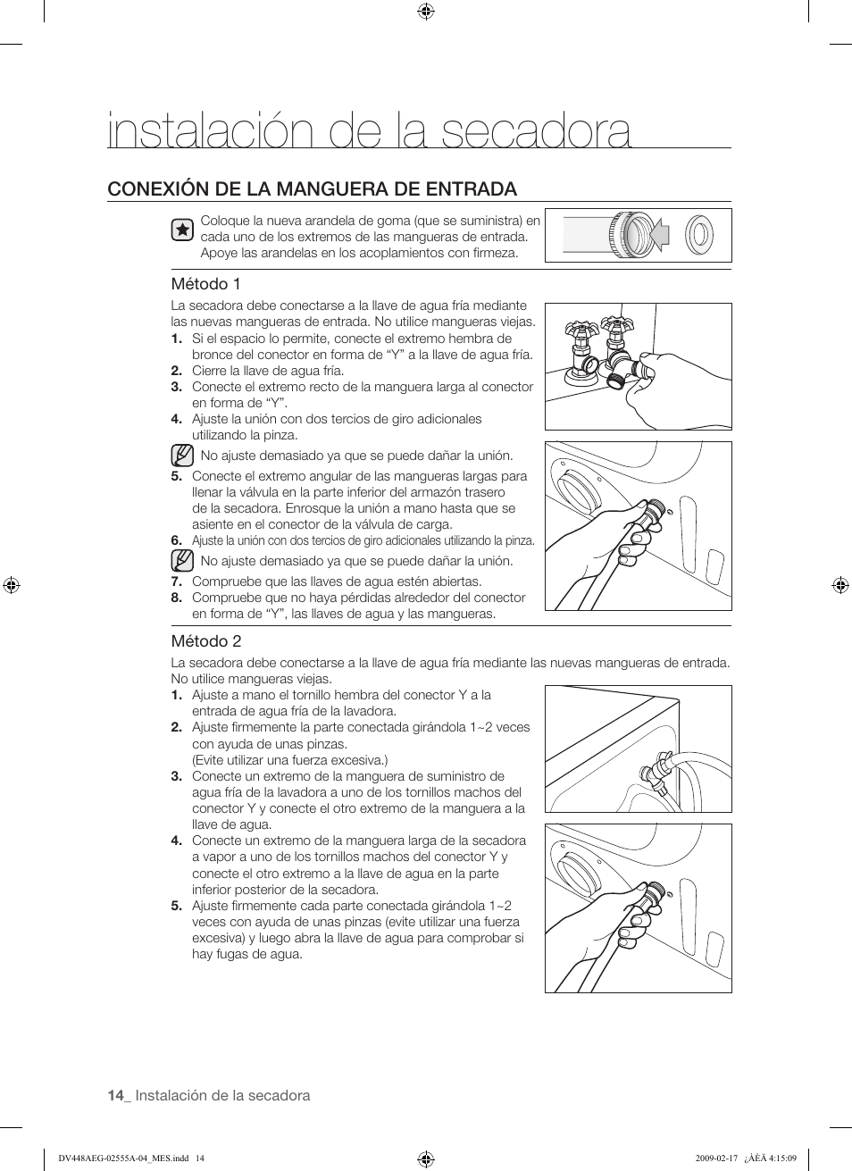 Instalación de la secadora, Conexión de la manguera de entrada | Samsung DV438AGR User Manual | Page 52 / 76