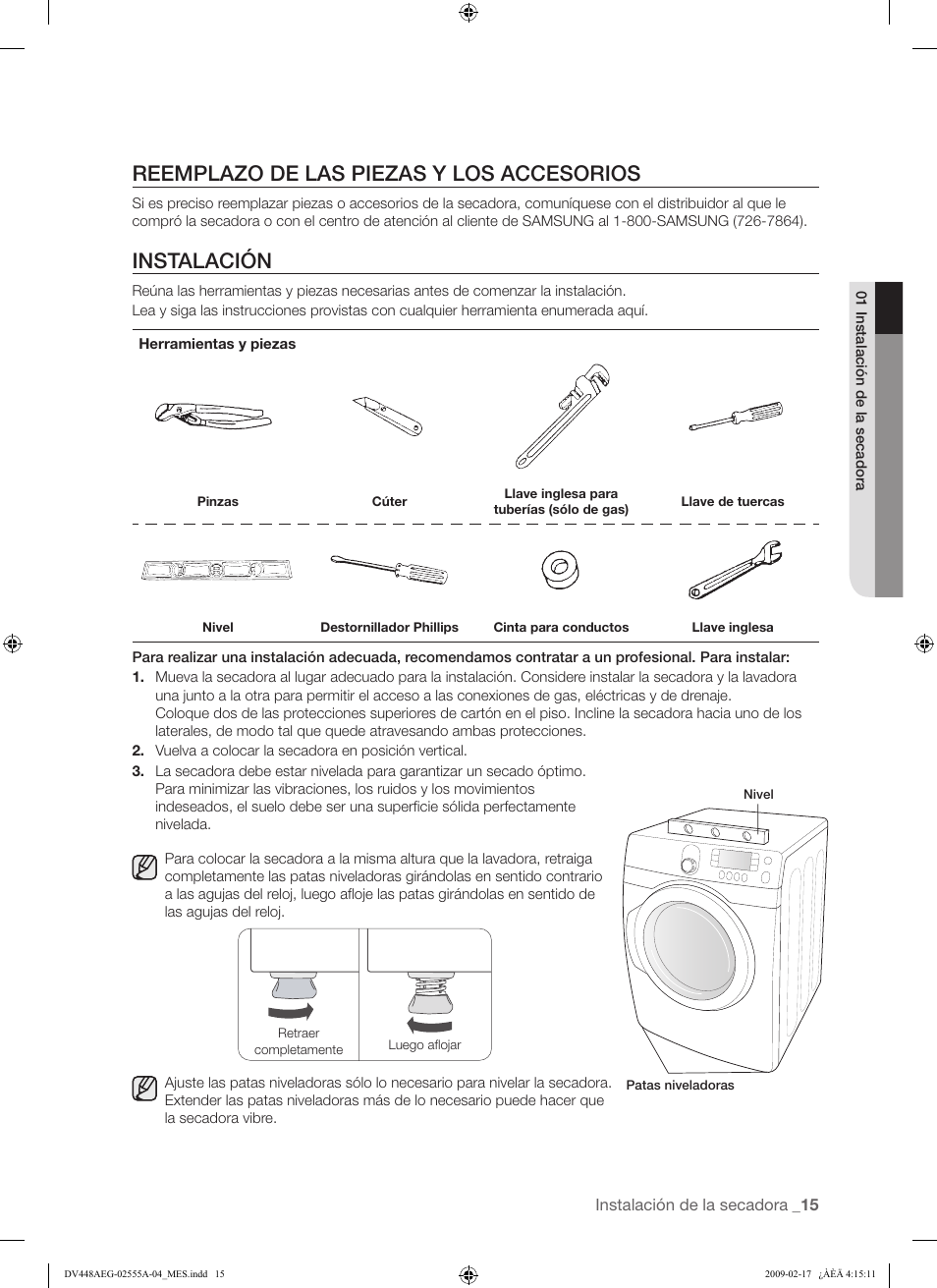 Reemplazo de las piezas y los accesorios, Instalación | Samsung DV438AGR User Manual | Page 53 / 76