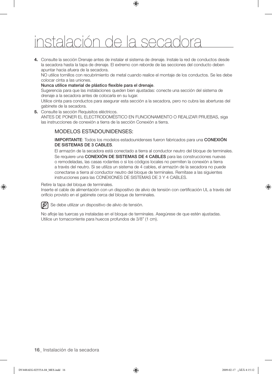Instalación de la secadora | Samsung DV438AGR User Manual | Page 54 / 76