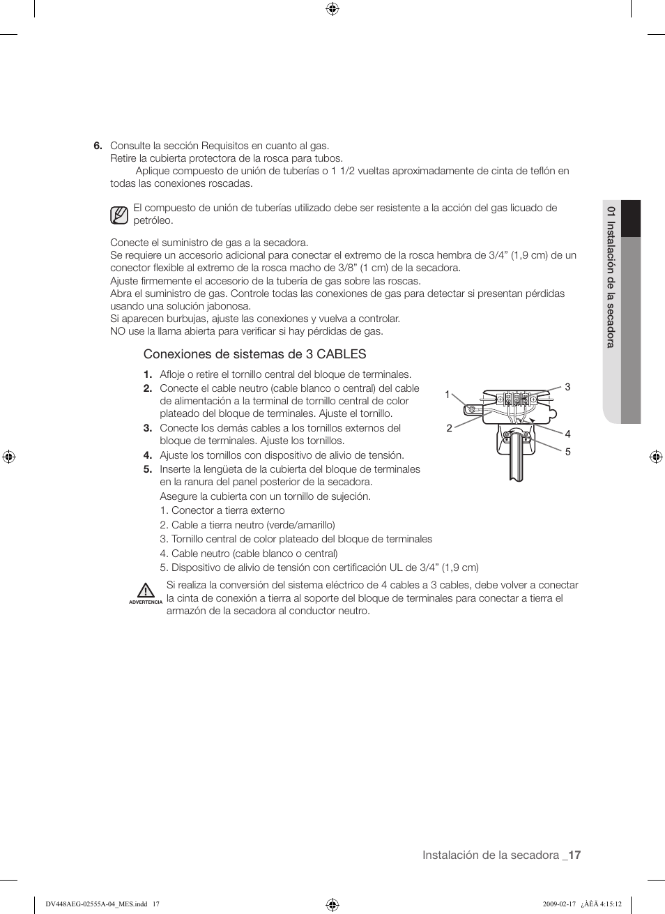 Conexiones de sistemas de 3 cables | Samsung DV438AGR User Manual | Page 55 / 76