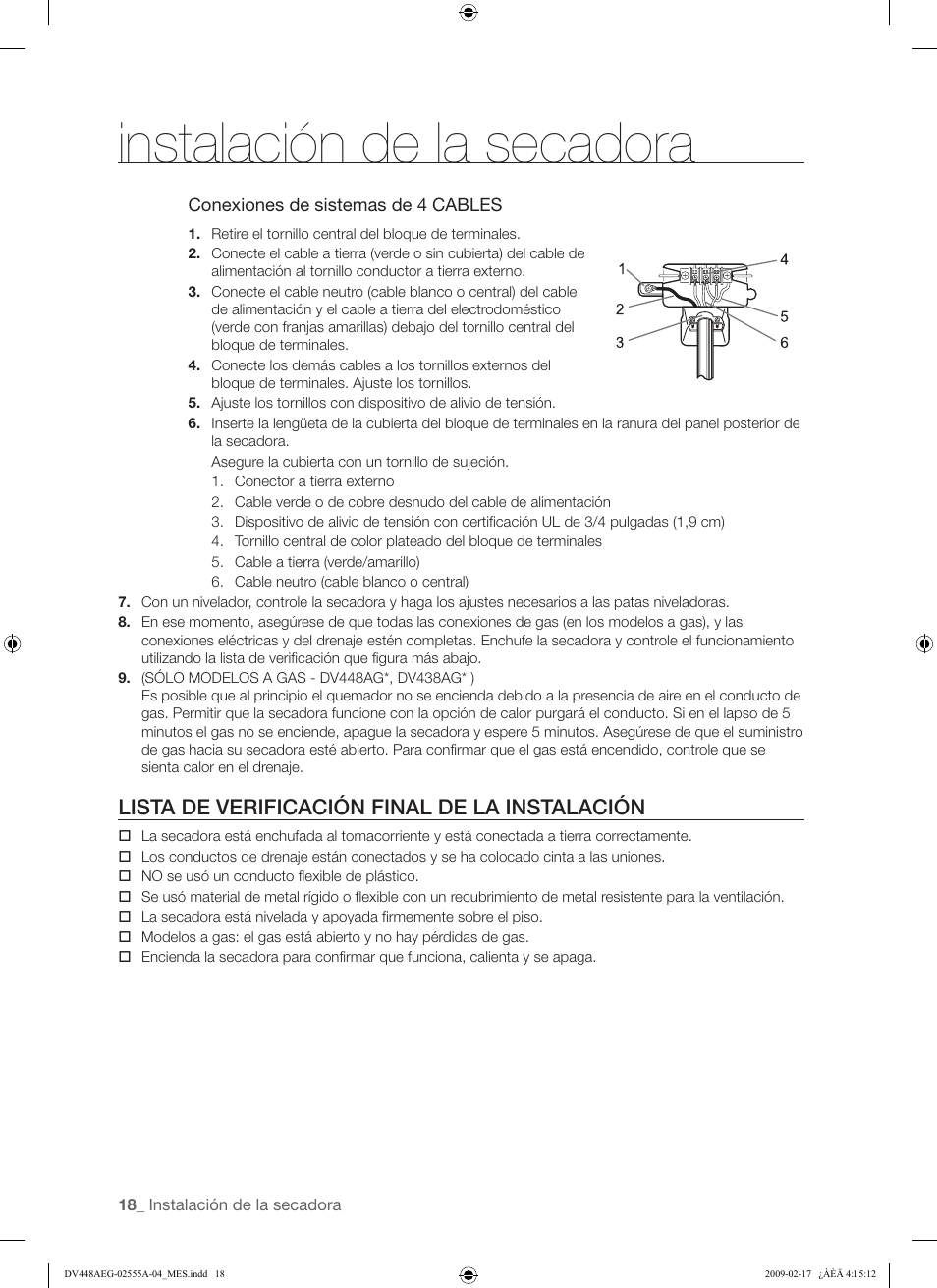 Instalación de la secadora, Lista de verificación final de la instalación | Samsung DV438AGR User Manual | Page 56 / 76