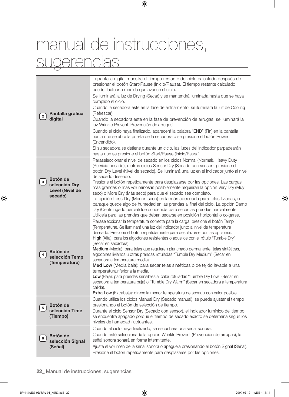 Manual de instrucciones, sugerencias | Samsung DV438AGR User Manual | Page 60 / 76