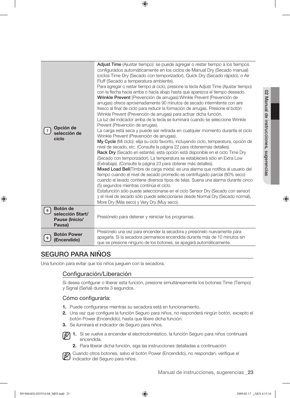 Seguro para niños, Configuración/liberación | Samsung DV438AGR User Manual | Page 61 / 76