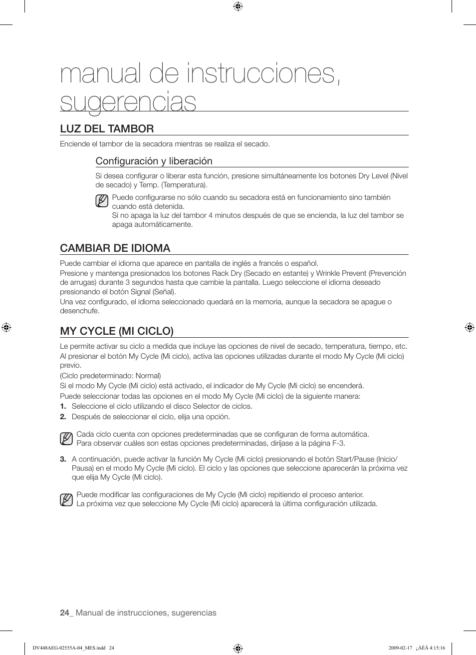 Manual de instrucciones, sugerencias | Samsung DV438AGR User Manual | Page 62 / 76