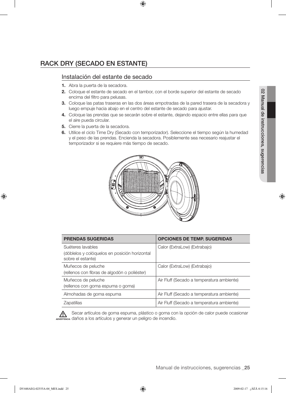 Rack dry (secado en estante), Instalación del estante de secado | Samsung DV438AGR User Manual | Page 63 / 76