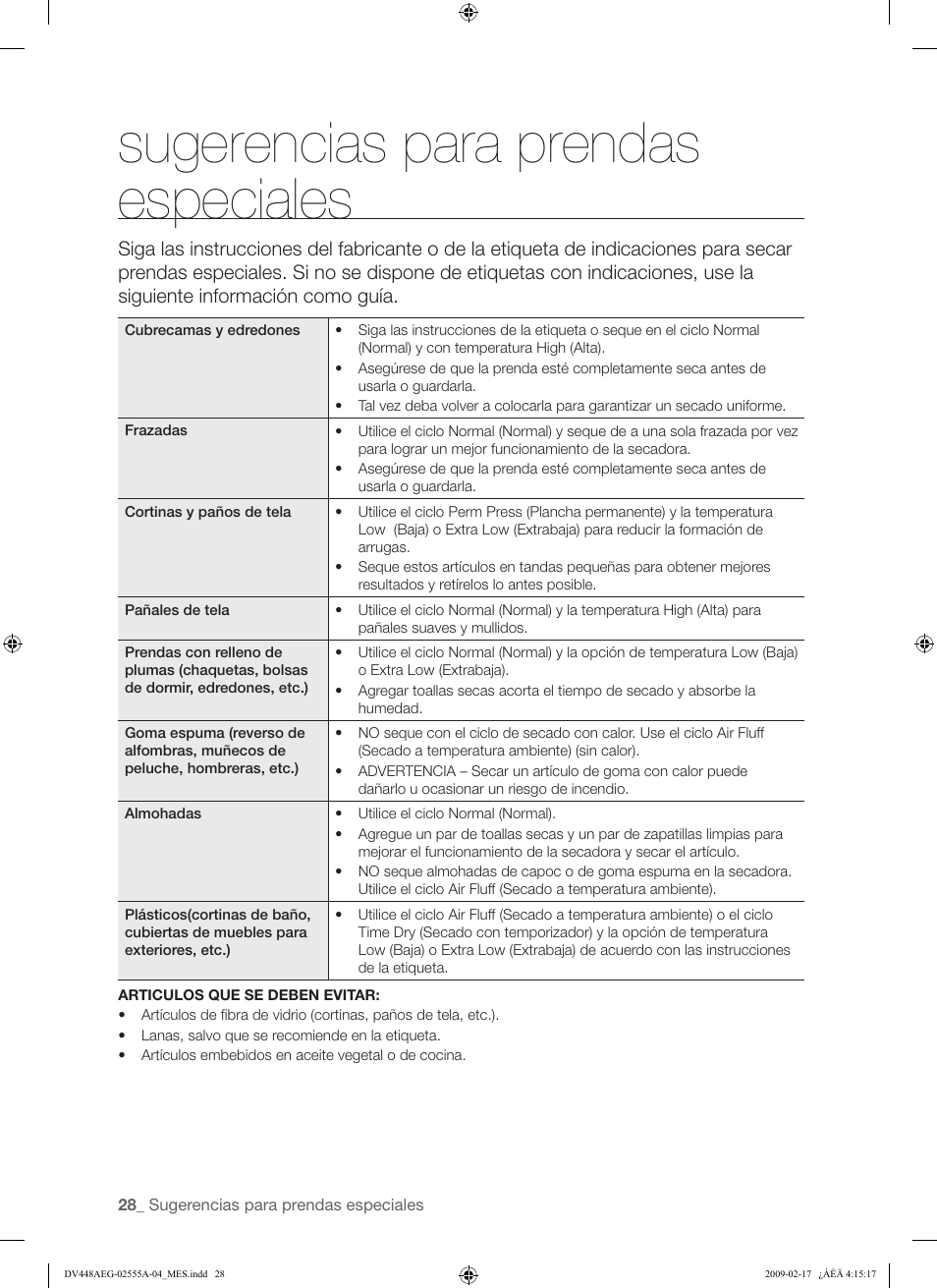 Sugerencias para prendas especiales | Samsung DV438AGR User Manual | Page 66 / 76