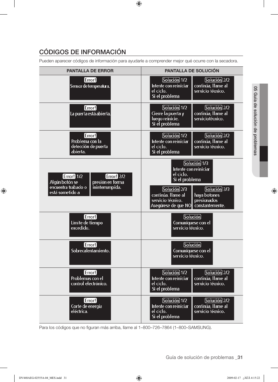 Códigos de información | Samsung DV438AGR User Manual | Page 69 / 76
