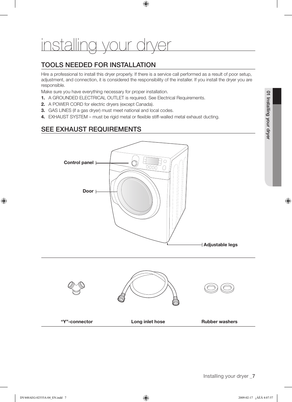 Installing your dryer | Samsung DV438AGR User Manual | Page 7 / 76