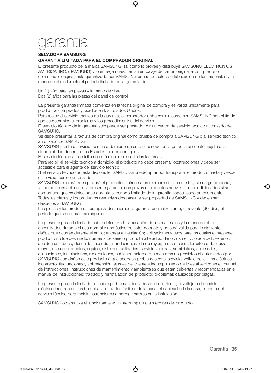 Garantía | Samsung DV438AGR User Manual | Page 73 / 76