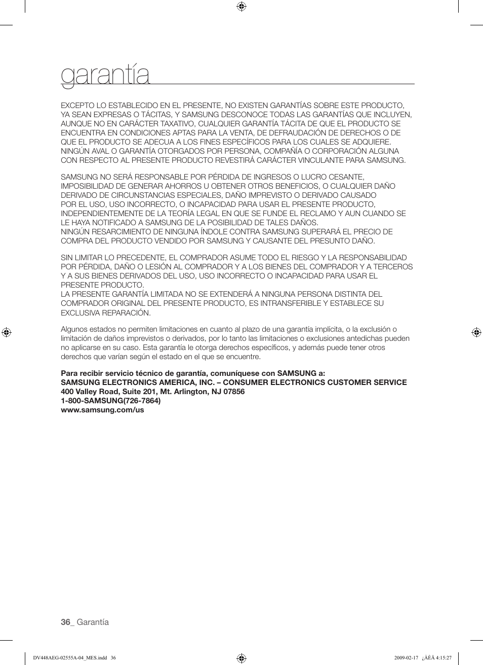 Garantía | Samsung DV438AGR User Manual | Page 74 / 76