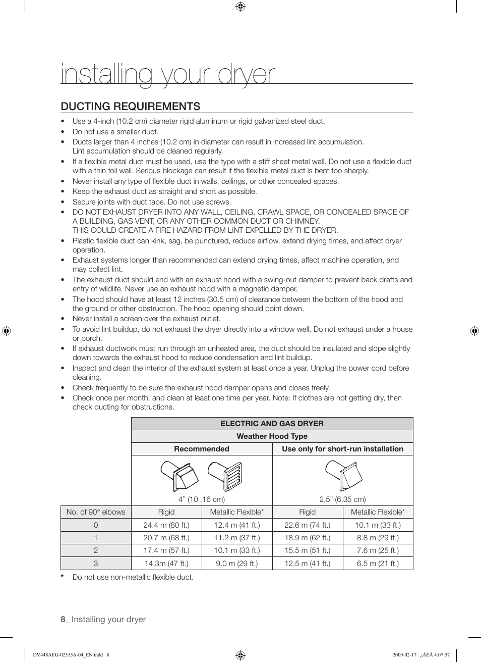 Installing your dryer, Ducting requirements | Samsung DV438AGR User Manual | Page 8 / 76