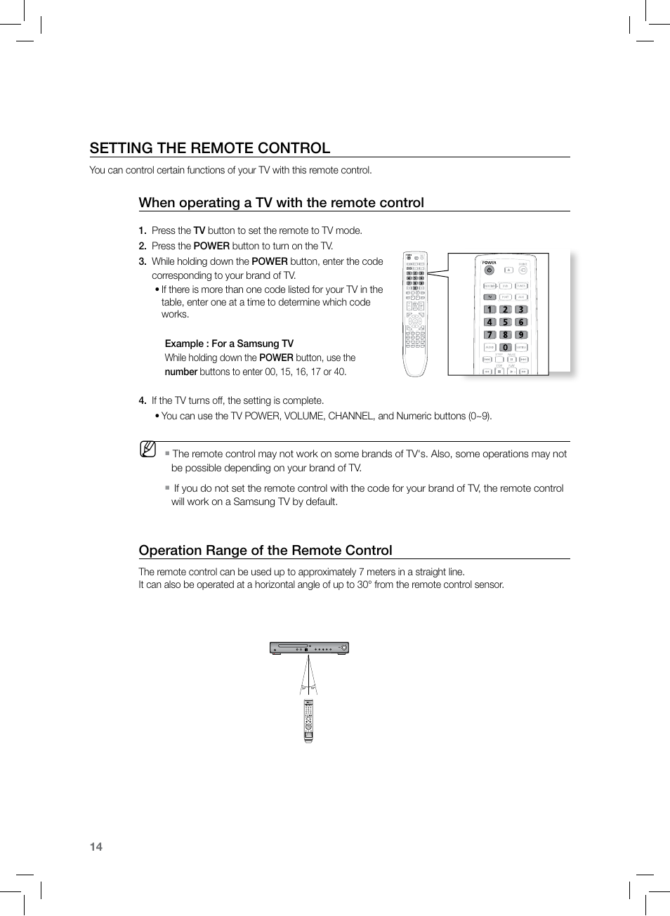 Setting the remote control, Operation range of the remote control, When operating a tv with the remote control | Samsung HT-TZ222 User Manual | Page 14 / 64