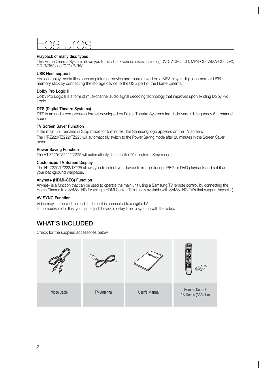 Features, What’s included | Samsung HT-TZ222 User Manual | Page 2 / 64