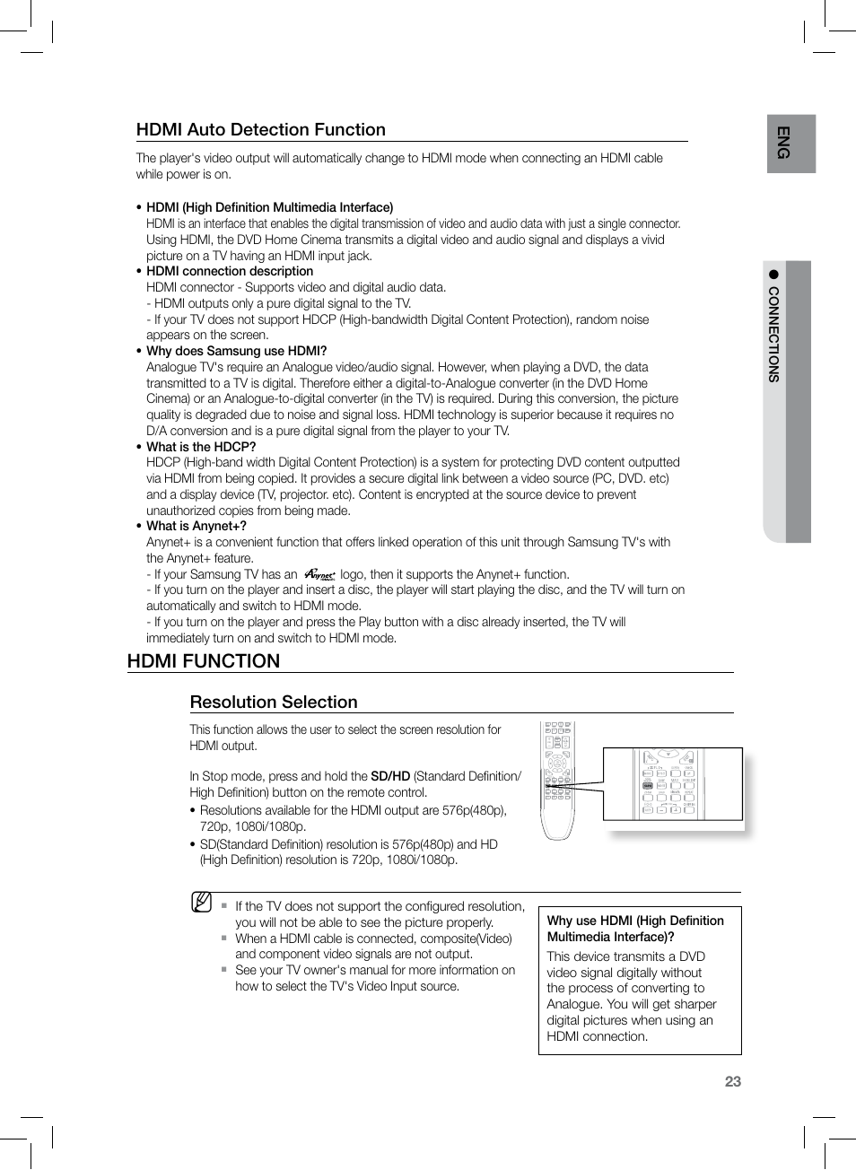 Hdmi function, Hdmi auto detection function, Resolution selection | Samsung HT-TZ222 User Manual | Page 23 / 64