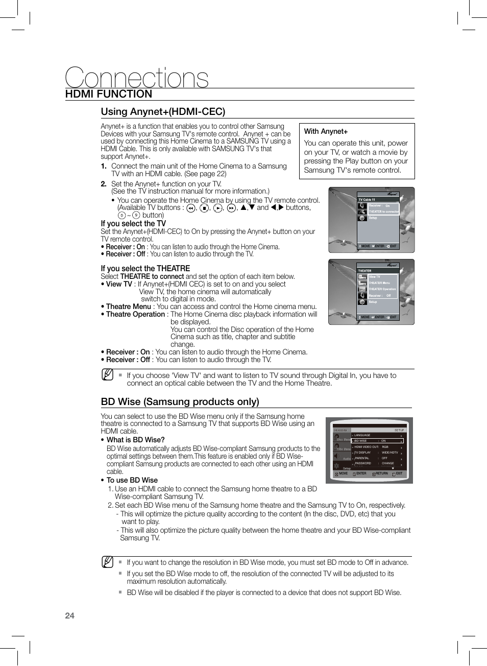 Connections, Hdmi function, Using anynet+(hdmi-cec) | Bd wise (samsung products only), If you select the tv, If you select the theatre | Samsung HT-TZ222 User Manual | Page 24 / 64
