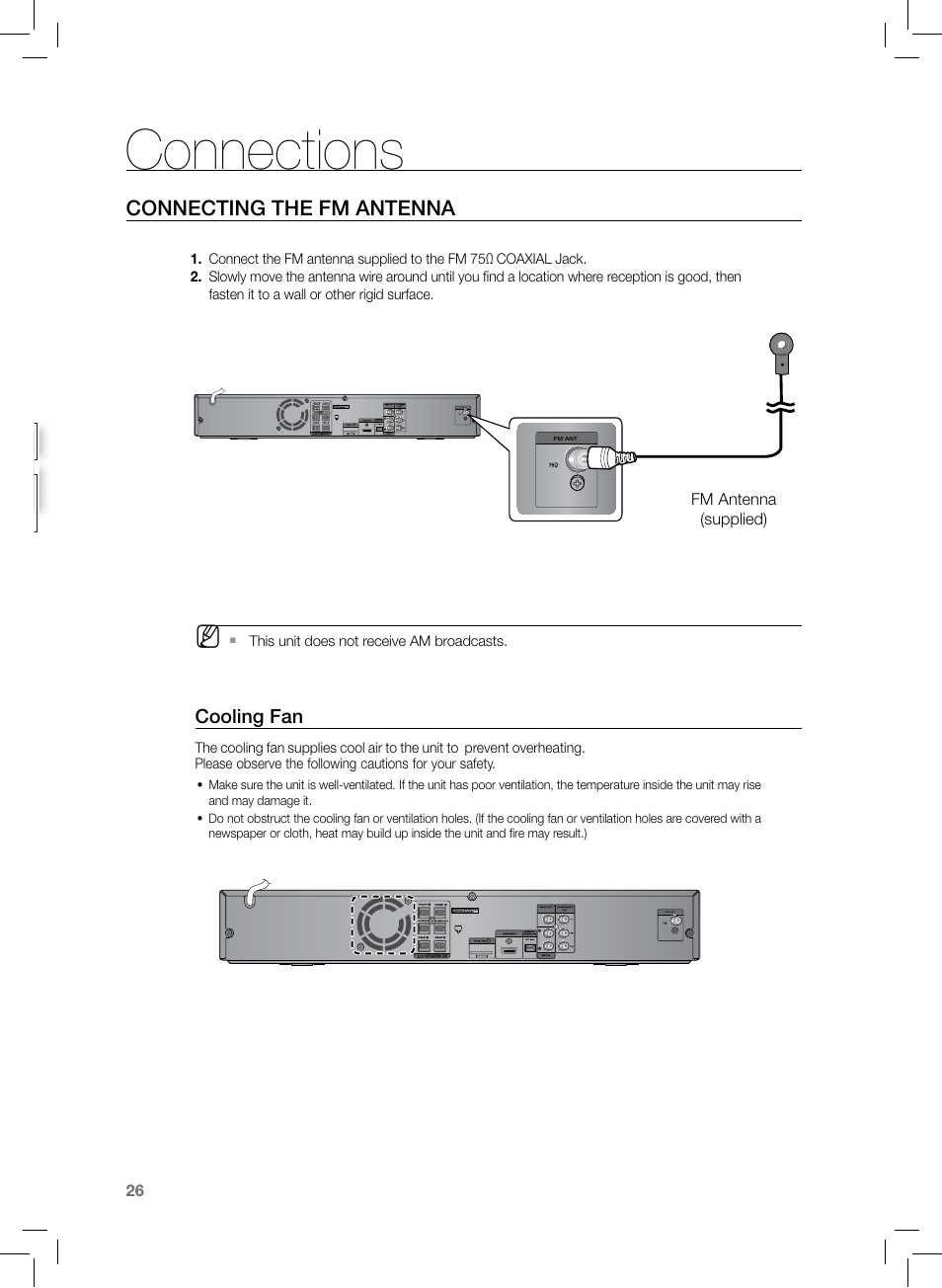 Connections, Connecting the fm antenna | Samsung HT-TZ222 User Manual | Page 26 / 64