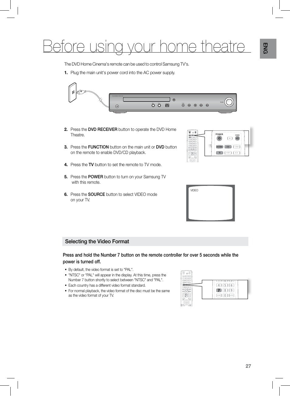 Before using your home theatre, En g, Selecting the video format | Samsung HT-TZ222 User Manual | Page 27 / 64