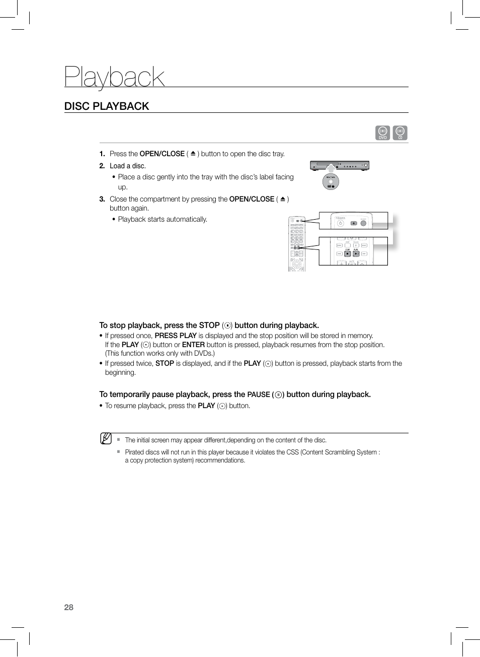 Playback, Disc playback | Samsung HT-TZ222 User Manual | Page 28 / 64