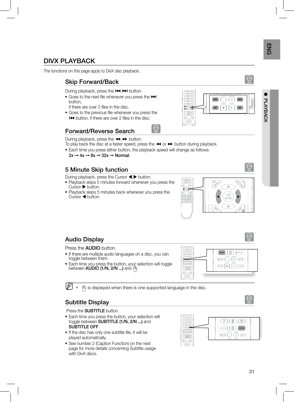 Divx playback | Samsung HT-TZ222 User Manual | Page 31 / 64