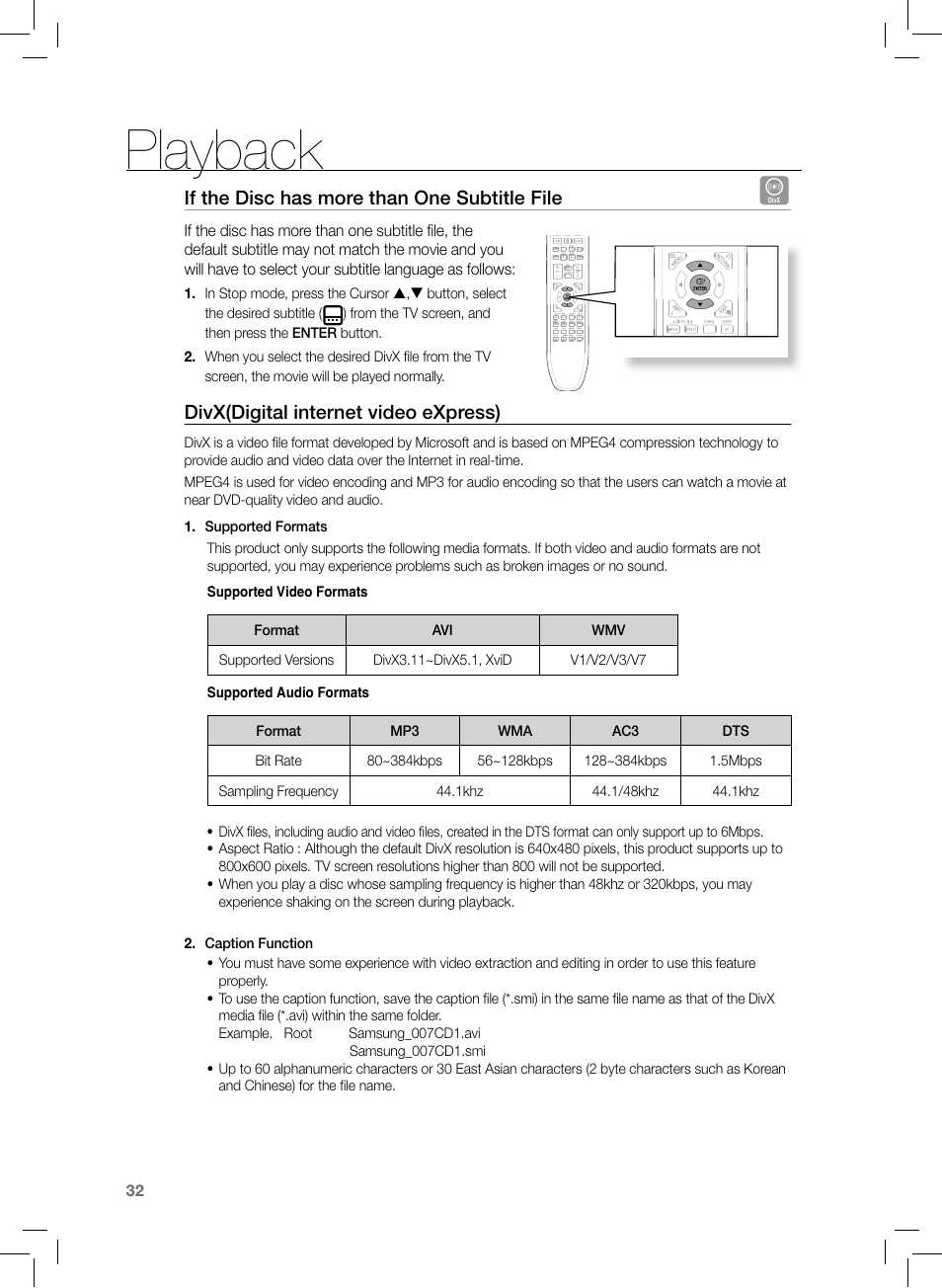 Playback, If the disc has more than one subtitle file, Divx(digital internet video express) | Samsung HT-TZ222 User Manual | Page 32 / 64