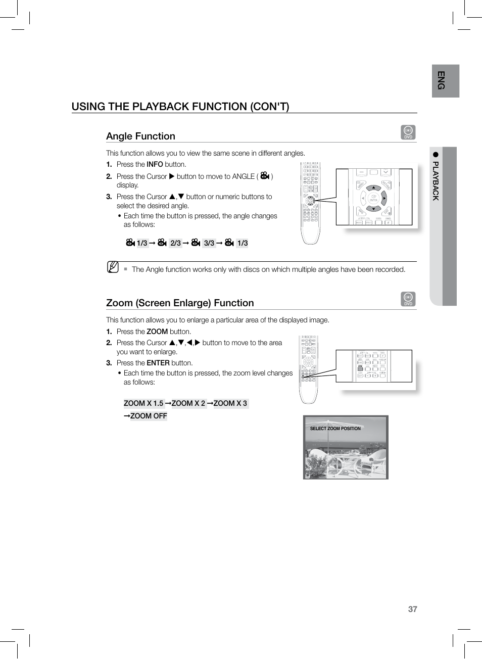 Using the playback function (con't), Angle function, Zoom (screen enlarge) function | Samsung HT-TZ222 User Manual | Page 37 / 64