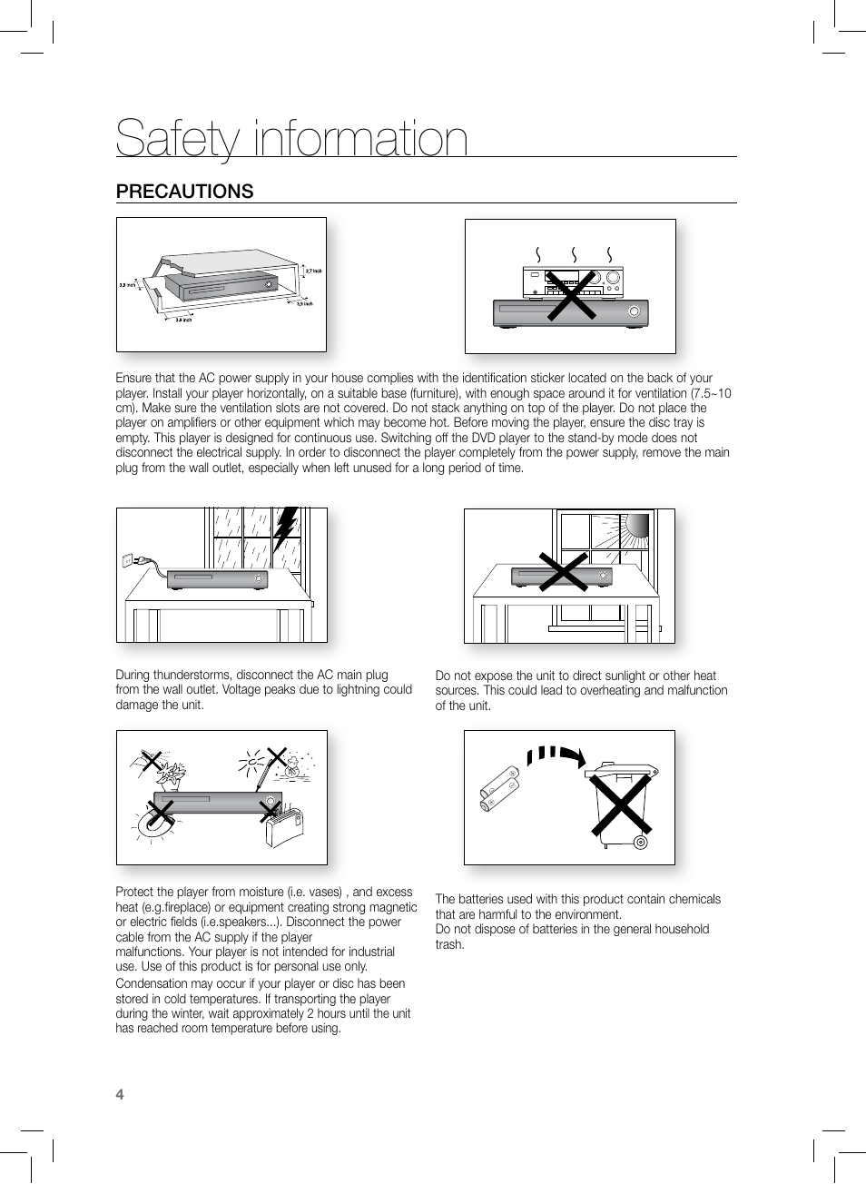 Safety information, Precautions | Samsung HT-TZ222 User Manual | Page 4 / 64