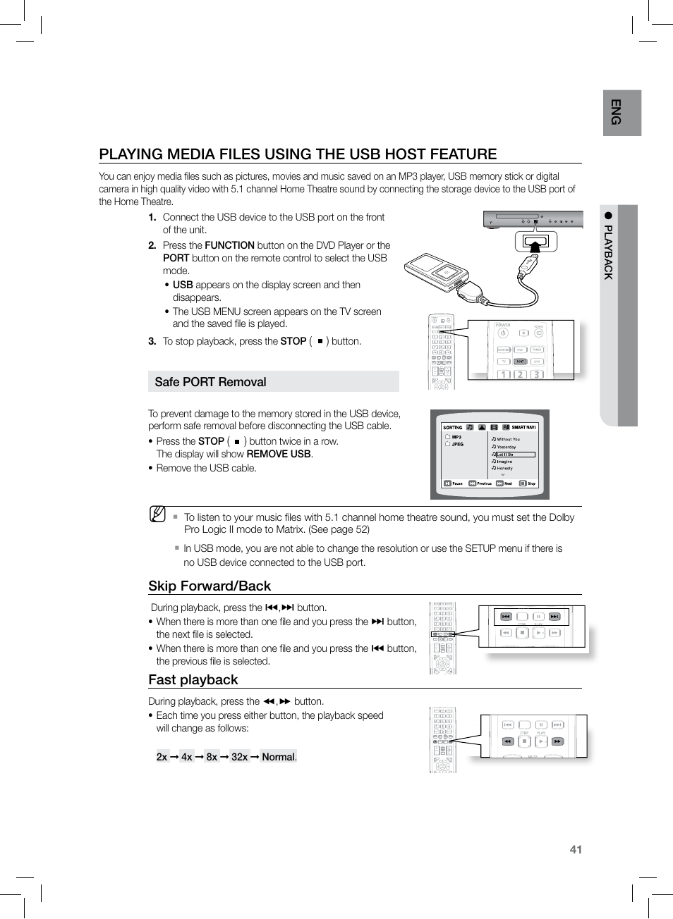 Playing media files using the usb host feature, Skip forward/back, Fast playback | Samsung HT-TZ222 User Manual | Page 41 / 64