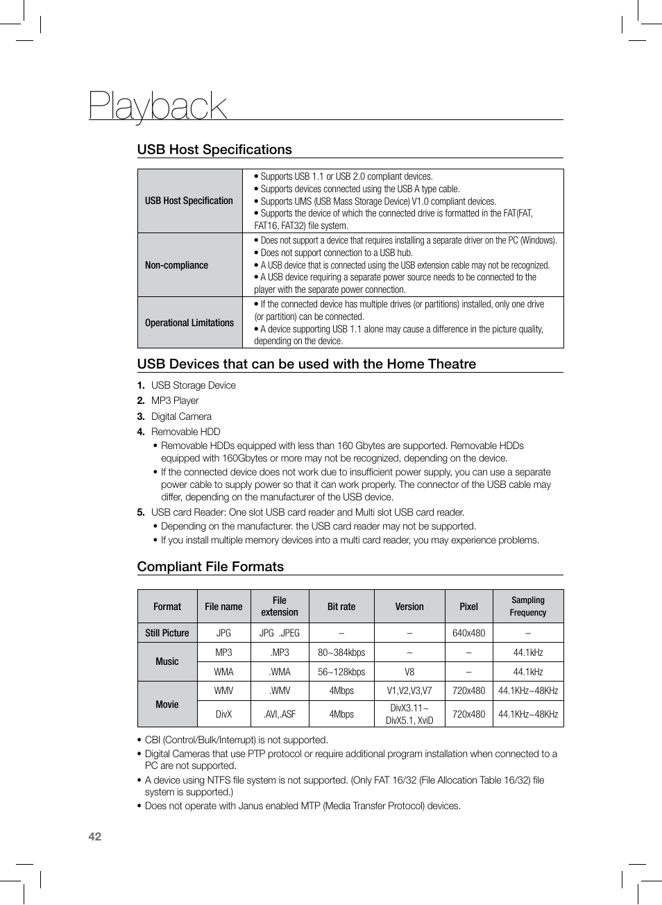 Playback, Usb host specifications, Usb devices that can be used with the home theatre | Compliant file formats | Samsung HT-TZ222 User Manual | Page 42 / 64