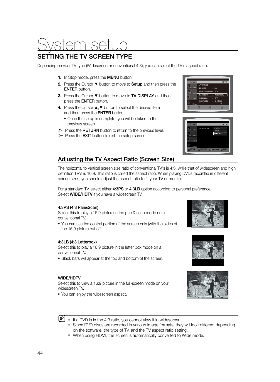 System setup, Setting the tv screen type, Adjusting the tv aspect ratio (screen size) | Samsung HT-TZ222 User Manual | Page 44 / 64